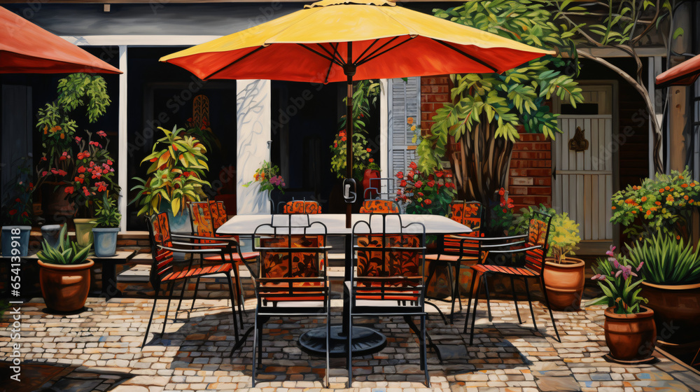A painting of a patio with tables and chairs