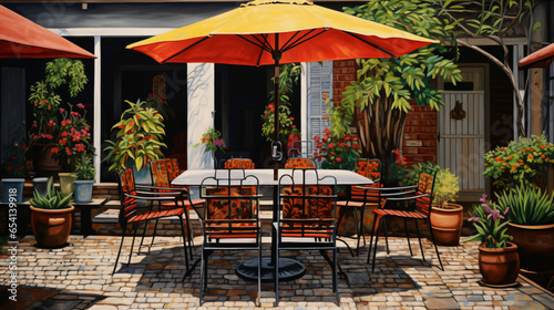 A painting of a patio with tables and chairs © Merab