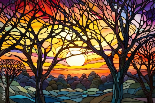 stunning stained glass depiction of trees in a colorful sunset. Generative AI