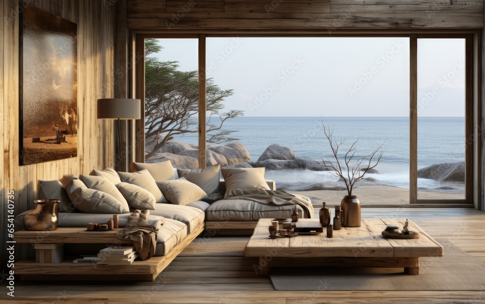 Wabi sabi living room with sea view through the window. Generative AI Wabi sabi living room with sea view through the window. Generative AI