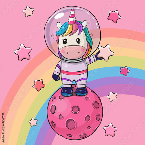 Cartoon Unicorn astronaut on the moon on a pink space background