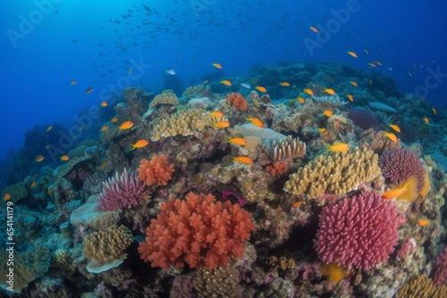 A vibrant coral reef teeming with diverse tropical fish and vibrant corals. Generative AI