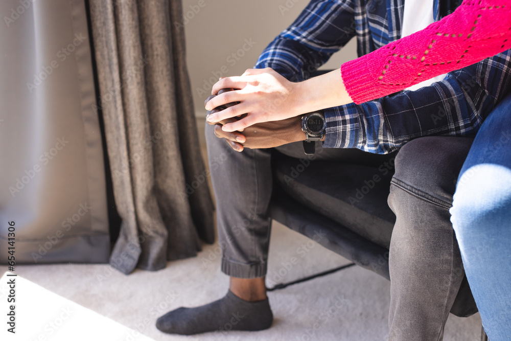 Midsection of diverse couple sitting in armchair holding hands at home