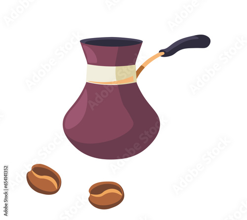 Turkish cezve with coffee beans, aromatic drink