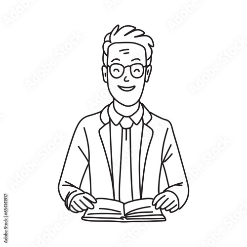 School teacher sitting with book. Simple doodle vector illistration. Man in glasses.