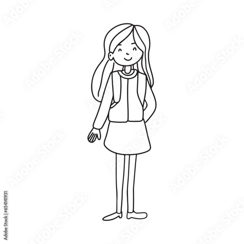 Cute young school girl. Simple doodle coloring page design element. Eduication vector design. photo