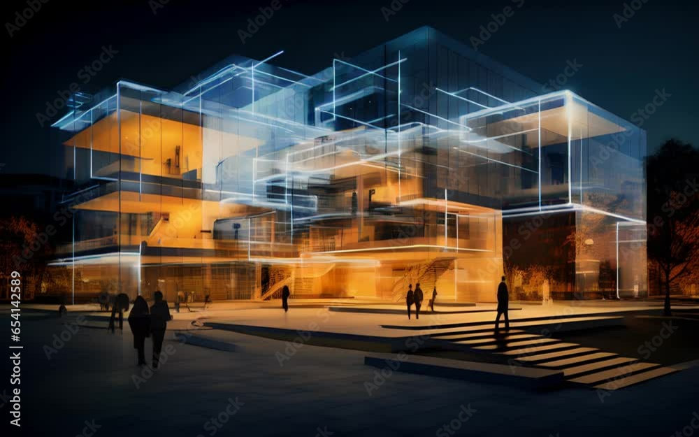 Glass Abstract a architecture building at night with lights on it. The concept of artificial intelligence and innovative technologies. Generative AI