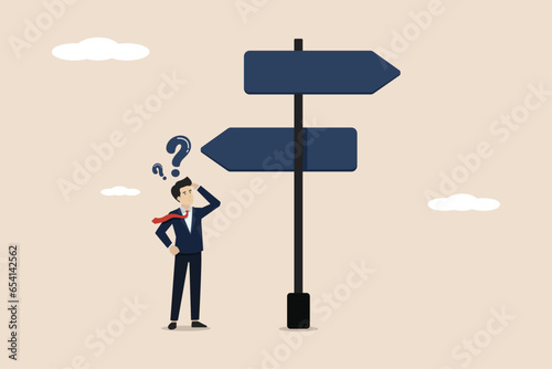 Making a decision of 2 options, choosing the path to the left or right, making a decision in a difficult situation, confusion, businessman thinking with a question mark choosing between 2 directions.