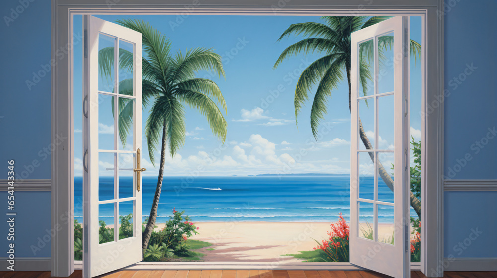 A painting of an open door leading to a beach view