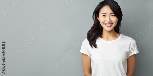 Asian woman on neutral grey background with free space for text, smiling female with white t-shirt standing, ai generated