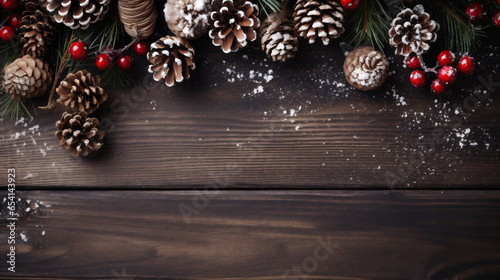 Christmas background with fir tree branches, pine cones and berries on wooden board