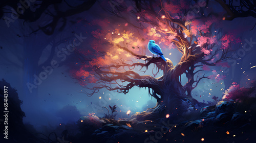 This image is a vibrant digital artwork depicting a luminous blue bird perched on an ancient tree with magical glowing leaves and a mystical atmosphere. © krit