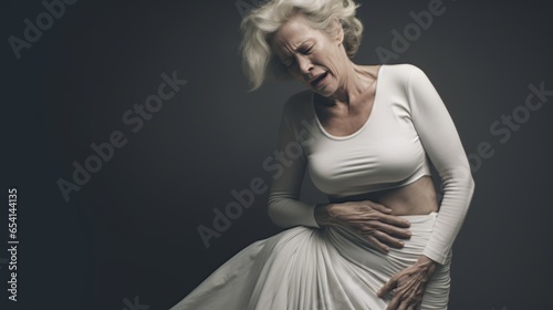 An old woman with stomach pain infront of a clean one colored background.generative ai
 photo