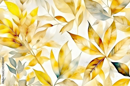Watercolor golden and yellow leaves background. Pastel yellow leafy watercolor background. Watercolor leaves background. Generative AI