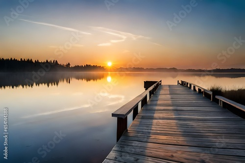 As the sun sets over the lakeside, a natural landscape unfolds in northern Europe. It includes reflections, a blue sky, and golden sunlight, creating a scenic view during the sunset.