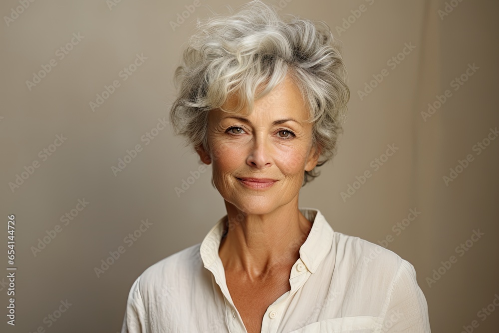 Senior woman portrait, mature grey haired beautiful smiling lady with neutral background, studio shooting