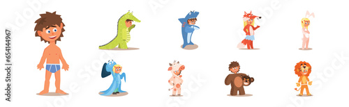 Cute Kids Wearing Animal Costumes and Outfit Vector Set