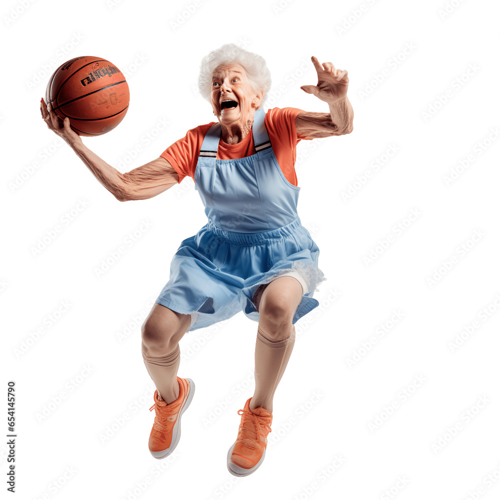 Elderly woman playing basketball with fun on transparent background PNG. Activity idea for elderly people.