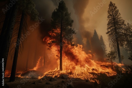 Intense wildfire destroys forested area  highlighting climate change impact. Generative AI