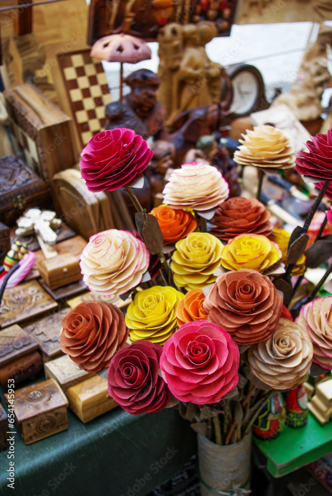 Various colors of roses made of wood