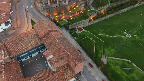 Tilt-up Reveal Of Coricancha, Known As Temple Of The Sun In Cusco, Peru. aerial photo