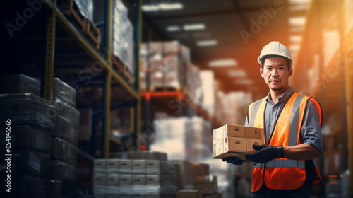 Asian Warehouse Worker with Carton Box