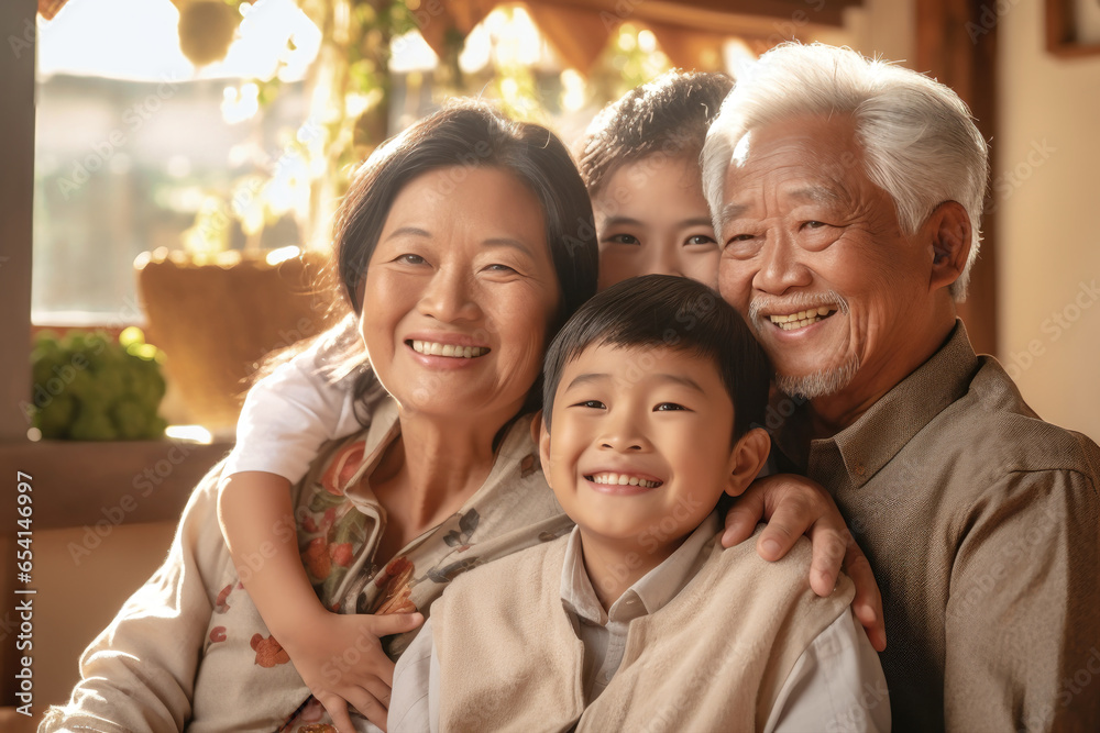 Big Asian family together. Family photo of joyful children and old people. Children and grandchildren visit elderly parents. Family traditions. Friendly family.