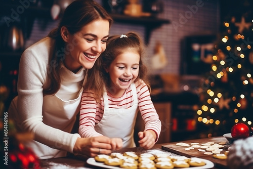 Photo of a woman and two young girls baking holiday cookies together