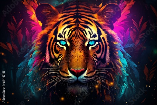 a vibrant glowing tiger surrounded by bright neon colors. Generative AI © Isadore