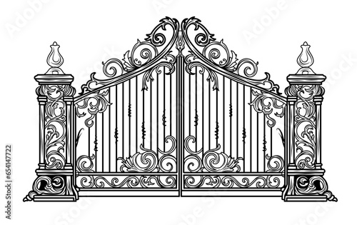 ANTIQUE METAL GATE. Black on white sketch of wrought iron bi-fold garden doors. Church gate with scrolls and leaves.