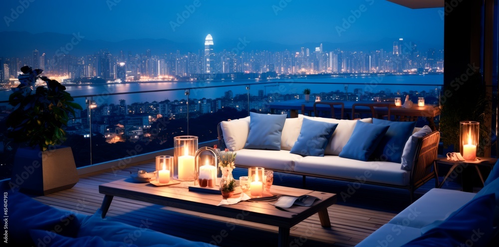 Roof terrace of a beautiful house with night-time view of the city. skyline