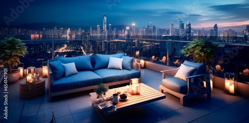 Roof terrace of a beautiful house with night-time view of the city. skyline