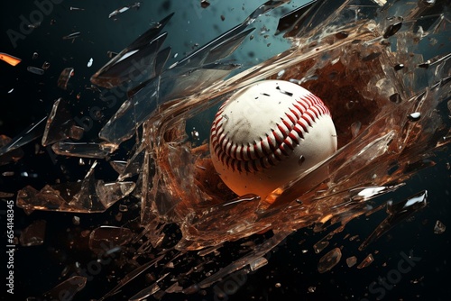 An impressive 3D visualization of a softball forcefully shattering glass against a dark backdrop. Generative AI