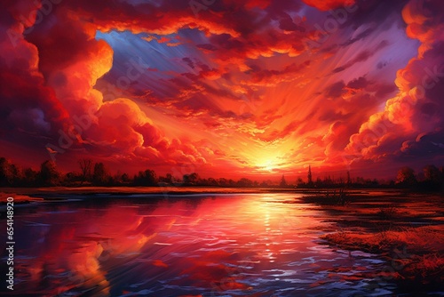 vibrant red sunset. Generative AI