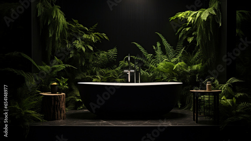 A bath tube with leaves in the bathroom