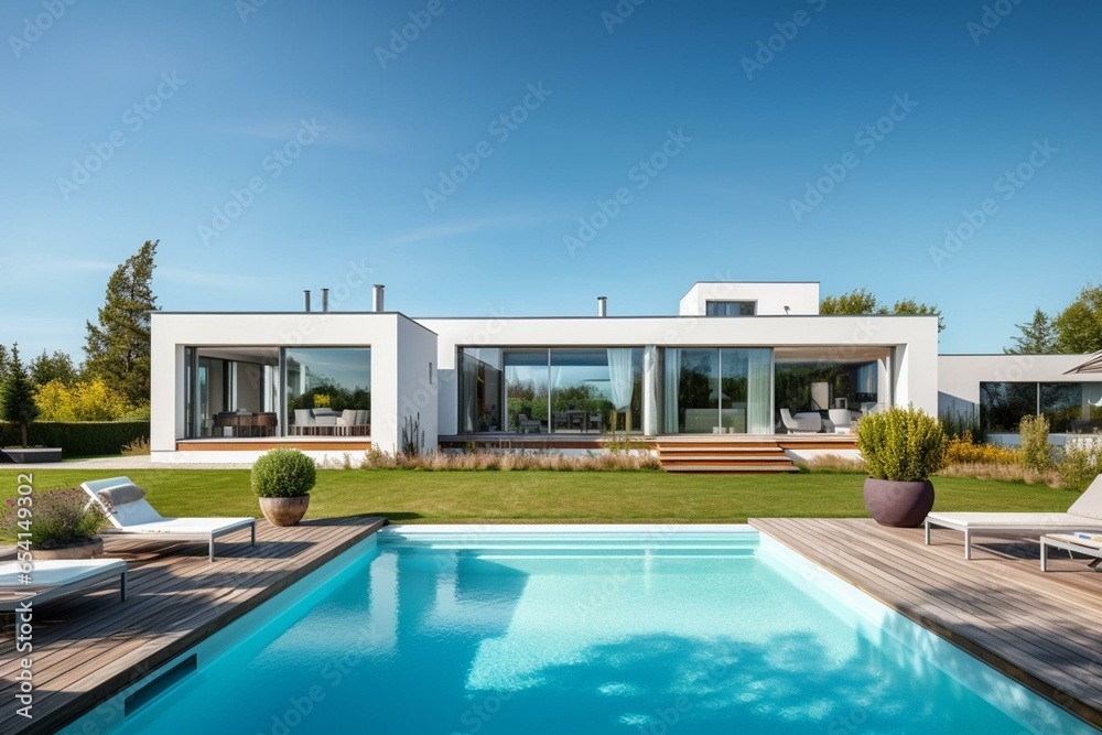 Contemporary residence with pool and garden, bright day, clear sky. Generative AI