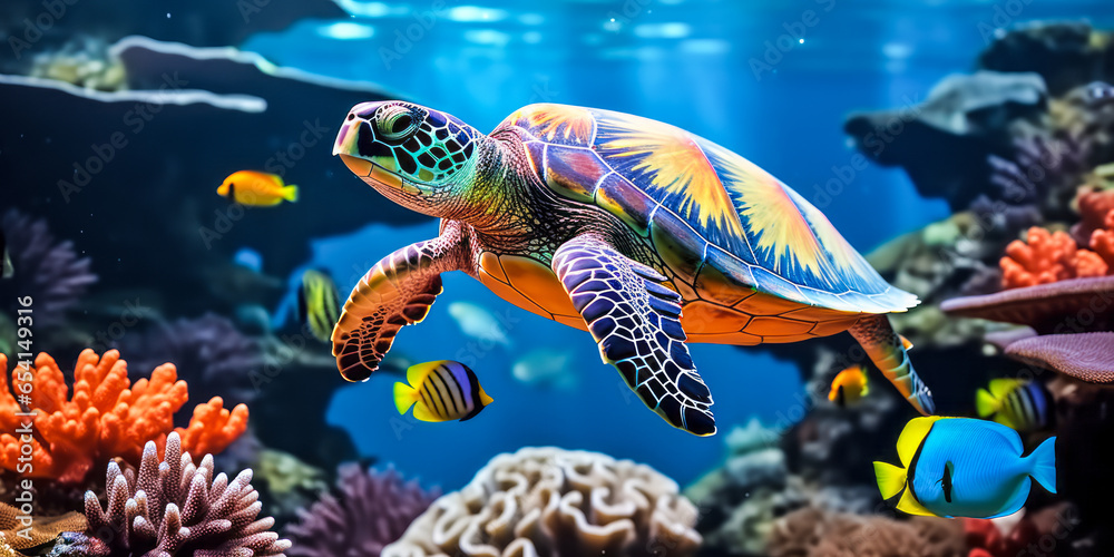 Underwater Eden: Turtle, Colorful Fish, and Diverse Sea Creatures Among Coral