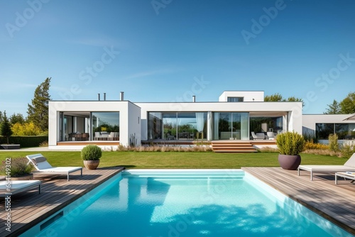 Contemporary residence with pool and garden, bright day, clear sky. Generative AI © Amalthea