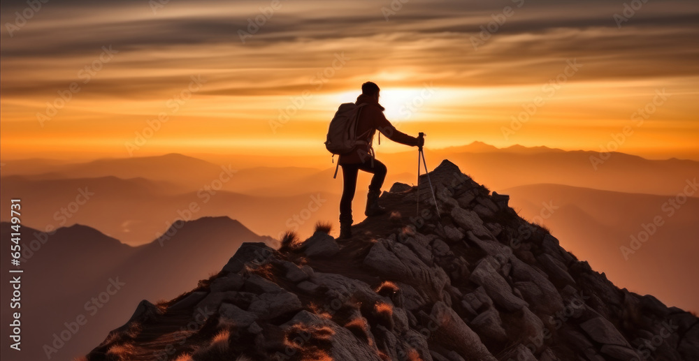 Man at the top of a mountain at sunset.