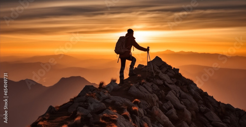 Man at the top of a mountain at sunset.
