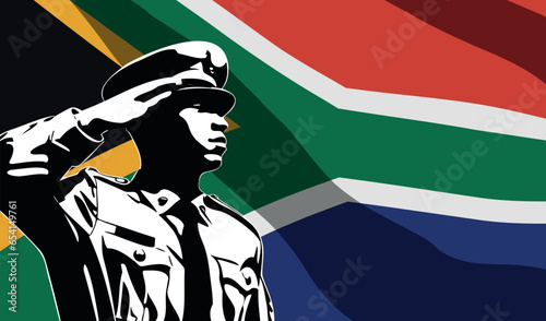 Silhouette of soldier with South Africa flag on background.