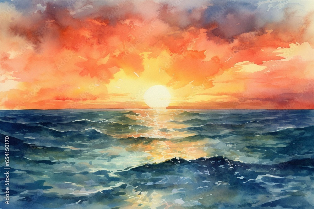 A watercolor painting of a beautiful sunset over the ocean. Generative AI