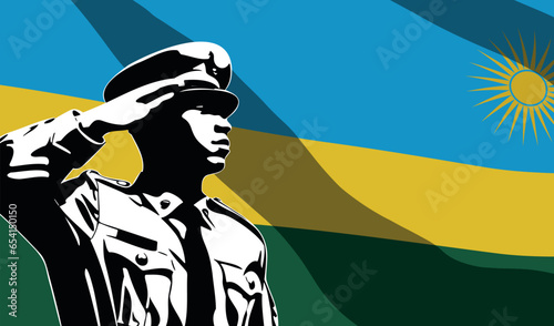Silhouette of soldier with Rwanda flag on background.