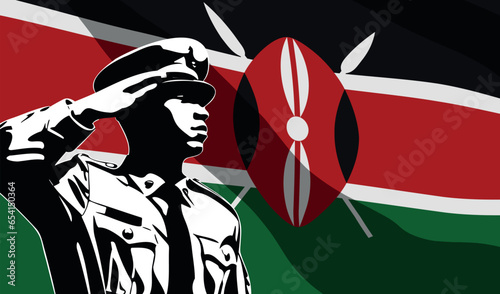 Silhouette of soldier with Kenya flag on background.