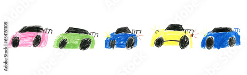 Colorful primitive cars in kids style. Simple kids illustration hand drawn by color pencils