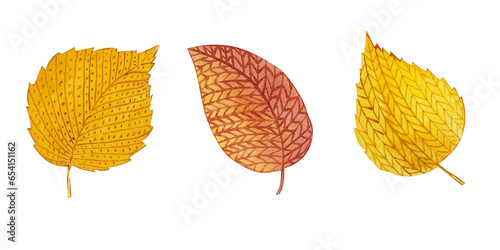 Knitting watercolor autumn leaves clipart. Cozy warm elements for autumn mood