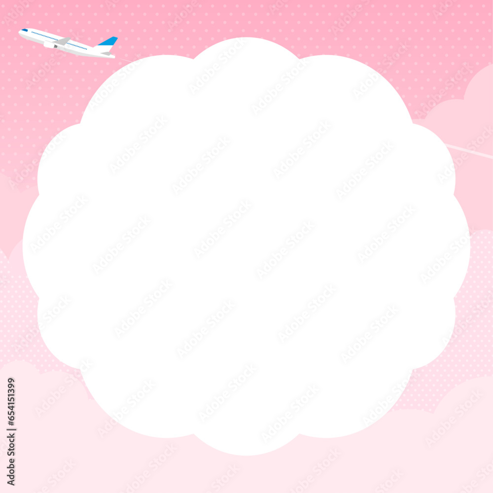 飛行機とピンク色の雲・空　フレーム・背景素材（正方形）