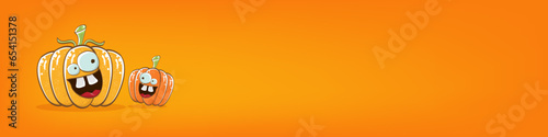 Funky Halloween or thanksgiving day horizontal banner with vector funny cartoon cute smiling friends pumpkins isolated on orange background.