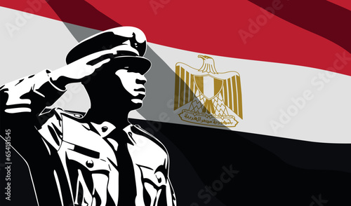 Silhouette of soldier with Egypt flag on background.