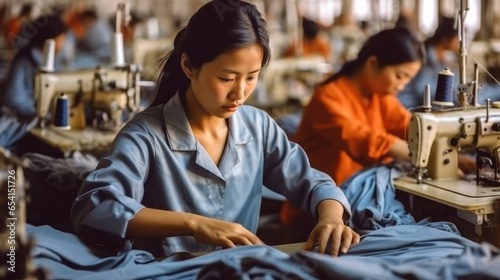 Asian worker sewing clothing in garment factory.